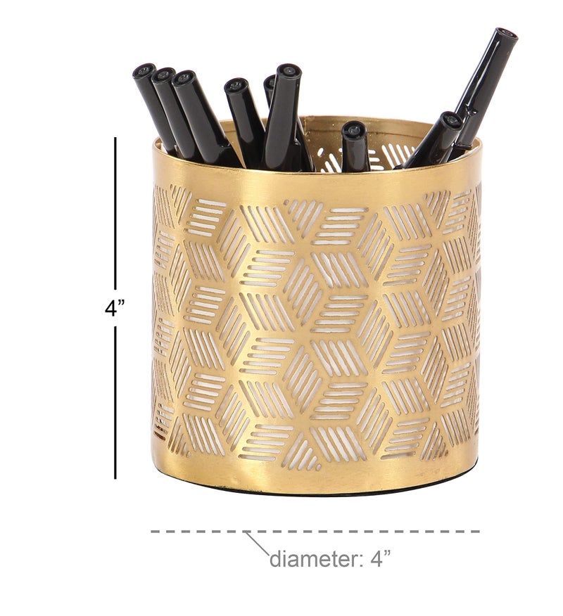Deco 79 Metal Geometric Pencil Cup with Laser Carved Design, 4" x 4" x 4", Gold - Image 3